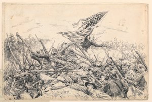 Piirros, Hancockin joukkojen hyökkäys "Verisessä kulmassa", 1887. tekijältä William Brooke Thomas Trego