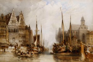 Franc Bateliersin talot ja Pyhän Nikolauksen kirkko Gentin kanavan varrella, 1845 tekijältä William Callow