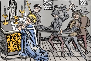 Pyhän Thomas of Canterburyn marttyyrikuolema, v.1484 tekijältä William Caxton
