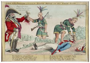 A Scene on the Frontiers inhimillisten brittien ja heidän arvoistensa liittolaistensa harjoittamana pubi. 1812 (käsinvärinen kaiverrus)