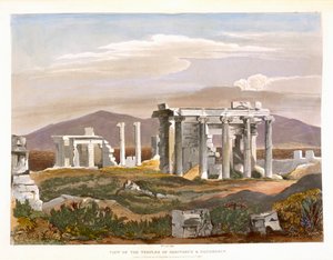Näkymä Erektheuksen ja Pandrosuksen temppeleistä, Akropolis, julkaisusta "Select Views of the Remains of Ancient Monuments In Greece", julkaisija Ackermann, Lontoo 1835 tekijältä William Cole