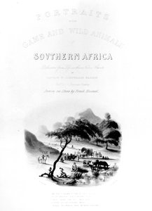 Harrisin "Muotokuvat tai Etelä-Afrikan riista ja luonnonvaraiset eläimet" nimisivu, kaiverrus Frank Howard, julkaistu 1840