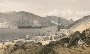 Balaklava, joka näyttää laiturien tilan ja laivaliikenteen, toukokuussa 1855 tekijältä William Crimea Simpson