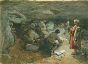 Kallioon hakattu säiliö Robinsonin kaaren alla, Jerusalem, 1871 (wc ja lyijykynä paperille) tekijältä William Crimea Simpson
