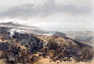 Kaartin toinen hyökkäys, kun he valtasivat takaisin kahden tykin patteriston Inkermanin taistelussa, kaiverrettu Edmond Morinin (1824-82) teoksesta The Seat of War in the East - First Series, julkaissut Colnaghi und