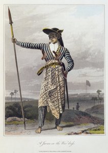 Jaavan sotapuvussa, pl. 5 Thomas Stamford Rafflesin (1781-1826) pubin "The History of Java" osasta I. 1817 (värillinen akvatinta)