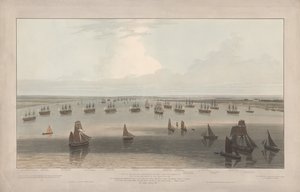 Näkymä Hopeen sijoitetuista fregateista Trinity Housen vanhempien veljien komennossa, Thamesin suisto tekijältä William Daniell