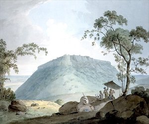 Kaakkoisnäkymä Bijaigaihin kukkulalinnoituksesta, Biharista (akvarelli paperille) tekijältä William Daniell