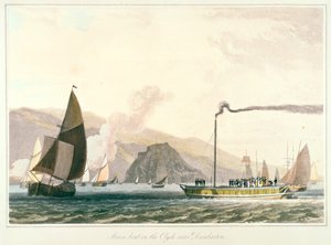 Höyrylaiva Clydellä lähellä Dumbartonia, c1814 tekijältä William Daniell
