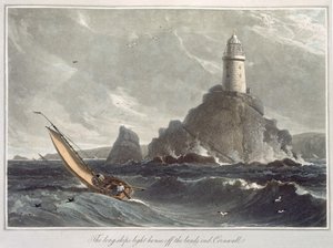 The longships lighthouse of Lands End, Cornwall, osa I osasta "A Voyage around Great Britain Undertaken between the Years 1814-1825", julkaistu 1814 (akvatinta) tekijältä William Daniell