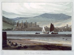 "Näkymä Conwayn linnalle, Caernarvonshire", Wales, 1814-1825 tekijältä William Daniell