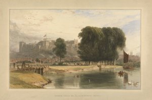 Windsorin linna, Brocas Meadowsin läheltä, vuodelta 1827 (wc ja kynä ja muste paperille asetettuna telineeseen) tekijältä William Daniell