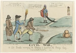 Englantilainen sarjakuva Hollannin sisällissodasta, 1787 Sisällissota tai Lordi Lunatic rohkaisee hollandeja kaatamaan Orange Partyn (otsikko esineessä) tekijältä William Dent