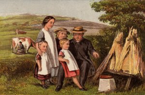 Toimiala: perhe maaseudulla mehiläispesien kanssa (chromolitho)