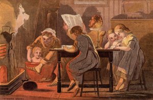 Lauantai-ilta: perhe lukemassa ja viihdyttämässä itseään illalla (chromolitho)