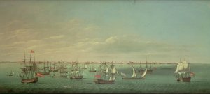 Brittiläisiä, ranskalaisia, portugalilaisia ja espanjalaisia kauppiaita ja sotamiehiä Cadizin edustalla tekijältä William Dixon