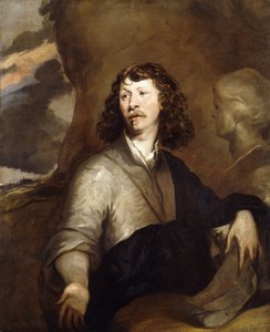 Muotokuva herrasmiehestä, mahdollisesti taiteilijasta, puolipitkä, ruskeassa viitassa ja sinisessä kääreessä, marmoririntakuvan vieressä, kalliomaisemassa, tekijältä William Dobson
