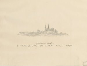 Lichfieldin katedraali - Lounaisnäkymä: lyijykynäpiirros ja [?1600-luku] (piirustus)