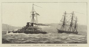 HMS Devastation hinaa HMS Thetisin Maltan satamaan tekijältä William Edward Atkins