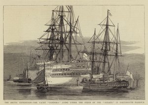 Arktinen retkikunta, Yacht Pandora makaamassa Serapisin perän alla Portsmouthin satamassa tekijältä William Edward Atkins