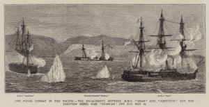 Merivoimien taistelu Tyynellämerellä, HMS Shahin ja Amethystin ja Perun kapinallisen Ram Huascarin välinen taistelu Ilon edustalla, 29. toukokuuta tekijältä William Edward Atkins