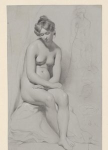 Istuva alaston naismalli korkealla leikkauksella, piirretty uudelleen sen viereen tekijältä William Etty