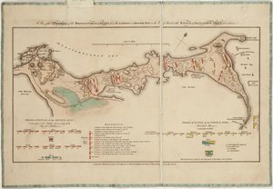 Suunnitelma brittijoukkojen operaatioista Egyptissä Aboukirin lahdelle 8. maaliskuuta tapahtuneesta maihinnoususta Aleksandrian taisteluun 21. maaliskuuta mukaan lukien. tekijältä William Faden