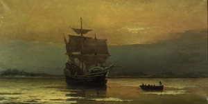 Mayflower saapuessaan Plymouthin satamaan, 1882. tekijältä William Formby Halsall