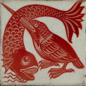 Laatta, jossa kingfisher nokka kalan läpi, 1882-1888 tekijältä William Frend De Morgan