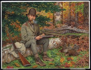 Omakuva metsästysvarusteissa, n. 1875 (öljyä ja grafiittia paperille laminoidulle kuitulevylle) tekijältä William George Richardson Hind