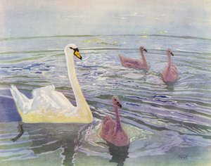Joutsen ja Cygnets (väri litho)