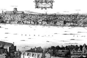 Näkymä Lontooseen ja Thamesiin South Bankista, 1600-luku 1886.