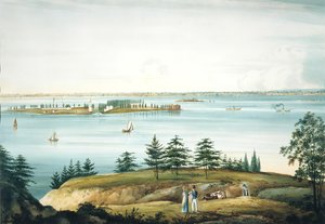 New Yorkin lahti ja Governors Island otettu Brooklyn Heightsista, 1820-25.