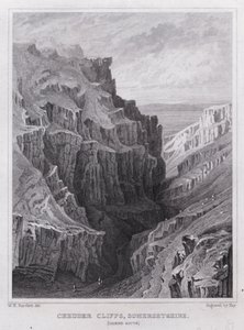 Chedder Cliffs, Somersetshire, etelään päin (kaiverrus).