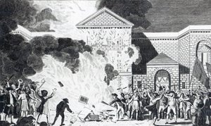Lontoon mellakoijien aiheuttamat tuhot ampuivat Newgaten uuden vankilan ja polttivat herra Akermanin huonekalut, 6. kesäkuuta 1780, kaiverrus T. Thornton tekijältä William Hamilton