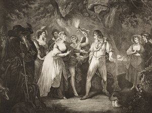 Metsä, V näytös, kohtaus IV, "Kuten haluatte", The Boydell Shakespeare Gallery, julkaistu 1800-luvun lopulla. tekijältä William Hamilton