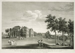 Näkymä talosta ja osasta puutarhaa West Wycombessa, Buckinghamshiressä, kaiverrus William Woollett (1735-85) tekijältä William Hannan
