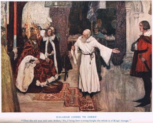Galahad saapuu hoviin, kuvitus "Kuningas Arthurilta" tekijältä William Hatherell