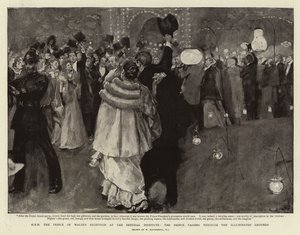 H R H Walesin prinssin vastaanotto Imperial Institutessa, prinssi kulkemassa valaistun maan läpi tekijältä William Hatherell