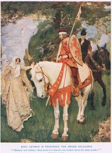 Kuningas Arthurille tarjotaan miekka Excalibur, kuvitus kirjasta "King Arthur"