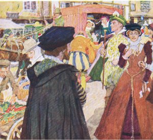 Shakespeare panee merkille foppien typerät muotit Ludgate Hillillä My Magazinesta, pub.1922 tekijältä William Hatherell