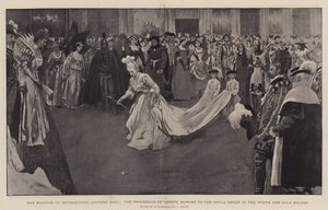 Devonshiren herttuattaren pukutanssiaiset, vieraiden kulkue kumartaa kuninkaalliselle ryhmälle Valkoisen ja kullan salongissa, 1897