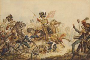 Ensimmäinen henkivartija ryntäsi ranskalaista tykistöä Waterloon taistelussa 1815, 1820 tekijältä William Heath