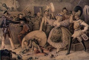 Tappelu majatalossa, n. 1830 (akvarelli lyijykynällä korotettuna guassilla paperille) tekijältä William Heath