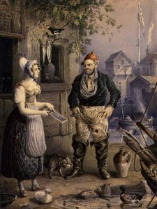 Kalastaja ja piika, n. 1830 (akvarelli lyijykynällä kohotettu guassilla paperille) tekijältä William Heath