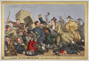 "A slap at the Charleys or a Tom und Jerry Lark, video New Police Bill", 1829 (käsinvärinen etsaus) tekijältä William Heath
