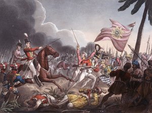 Assayen taistelu, 23. syyskuuta 1803, kaiverrettu J. C. Stadler, julkaissut Thomas Tegg, 1. huhtikuuta 1818 (värillinen akvatinta)