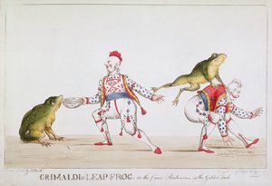 Grimaldin hyppysammakko sarjakuvassa Kultaisen kalan pantomiimi, 1812 tekijältä William Heath
