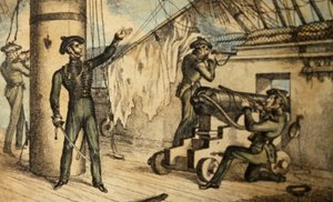 Merijalkaväen kiväärimiehiä toiminnassa tuntemattomalla sota-aluksella, noin 1835 (käsin värjätty etsaus). tekijältä William Heath