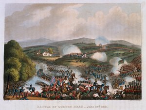 Quatre Brasin taistelu 16. kesäkuuta 1815, kaiverrus Thomas Sutherland, 1815 (värillinen akvatinta) tekijältä William Heath